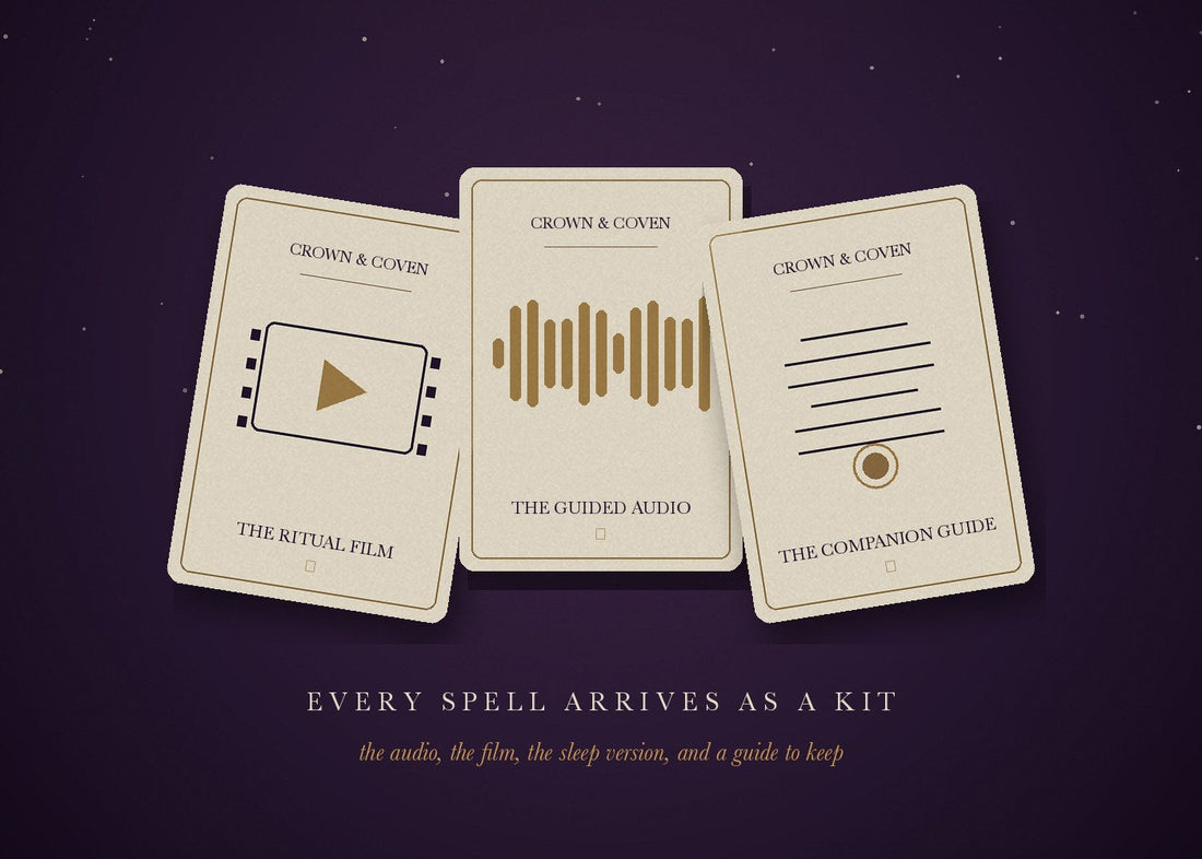 Crown and Coven ritual kit flatlay with affirmation cards